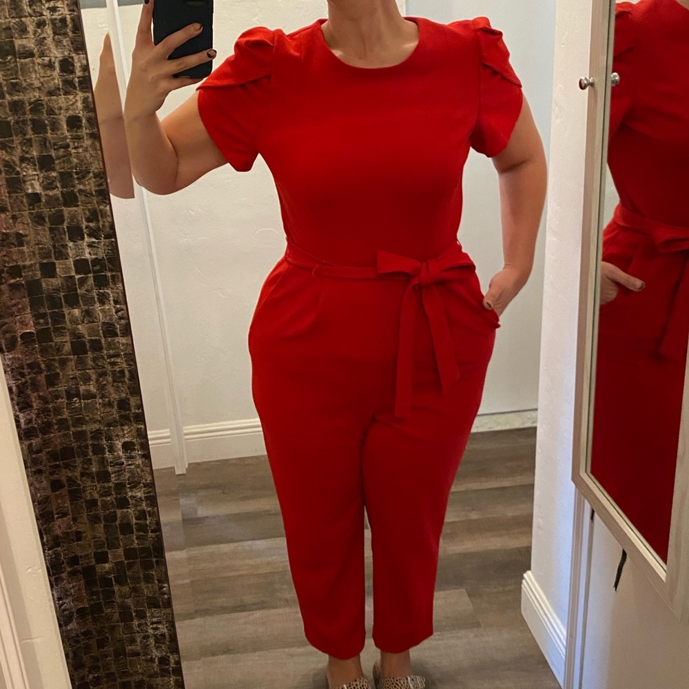 Calvin Klein Red Jumpsuit with Tulip Sleeve, Belt and Pockets